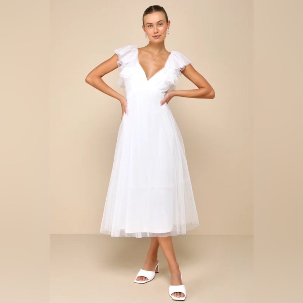 Lulus Perfect Invite White Swiss Dot Tie-Back Midi Dress | Size XS